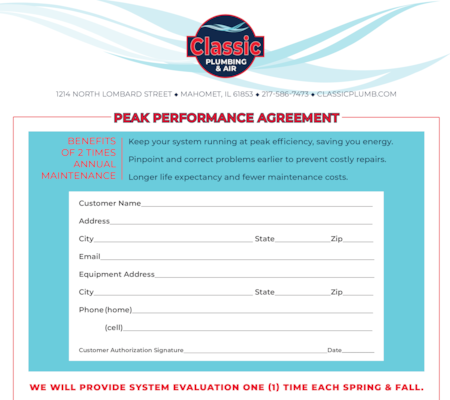 Classic Plumbing & Air Offers Peak Performace Agreement